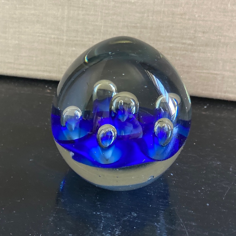Art Glass Paperweight Cobalt Blue Base Controlled Bubbles 2.5"